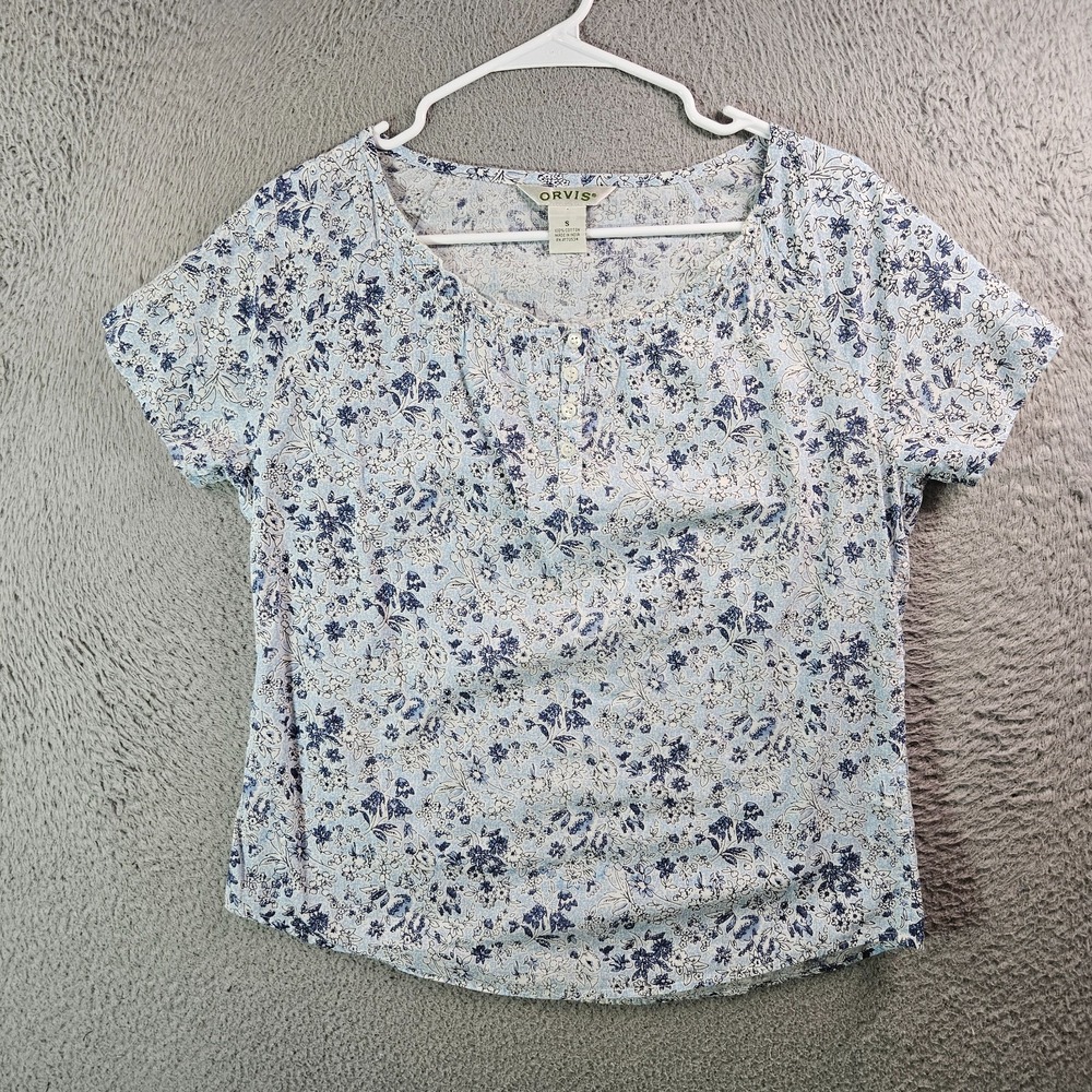 Orvis Top Women Small Button Short Sleeve Floral Print White Light Blue